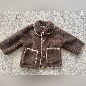 Kids Brown Sherpa Button-Up Coat with Contrast Trim